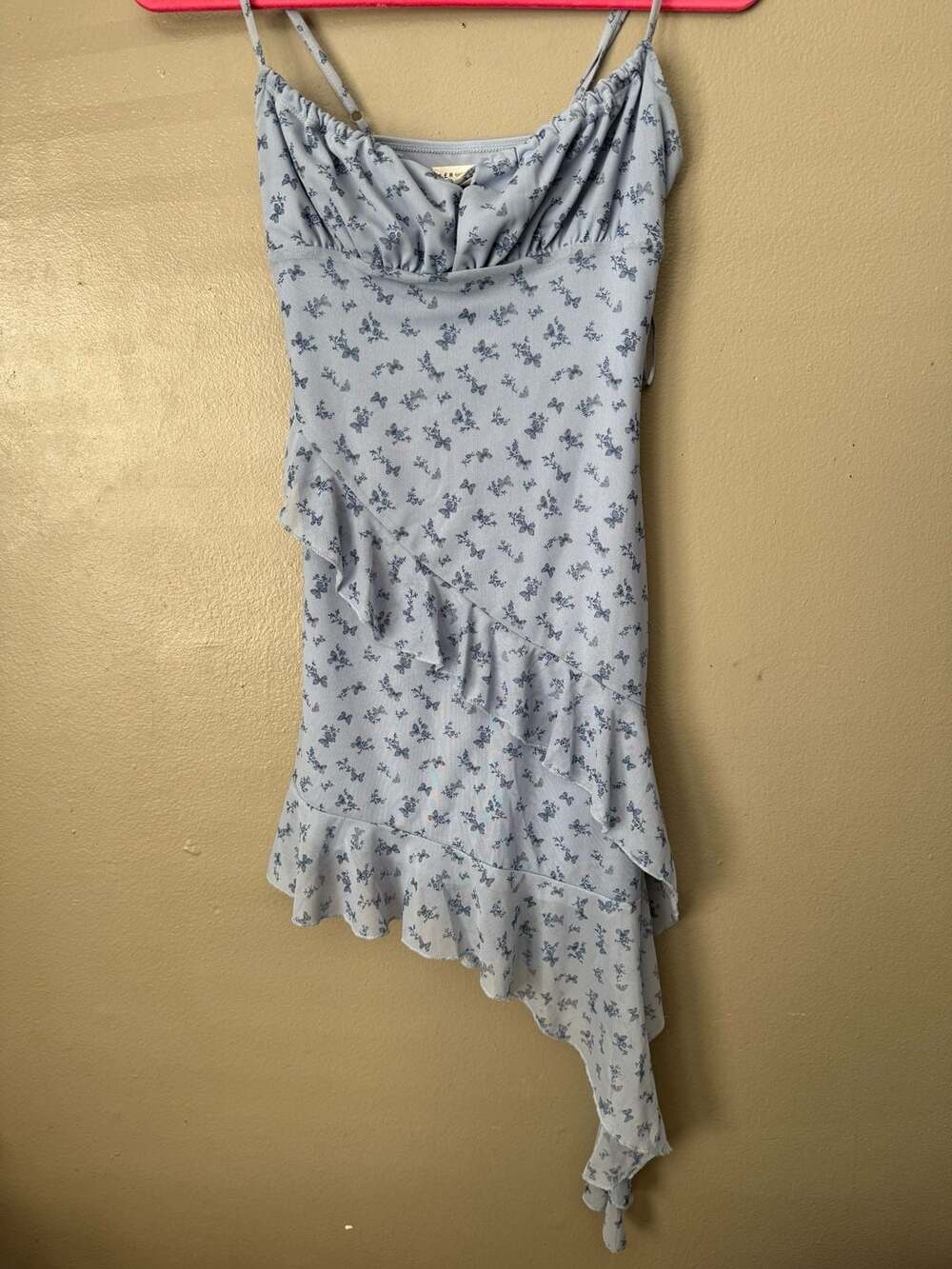 Aeropostale Light Blue Butterfly Print Asymmetrical Ruffle Dress